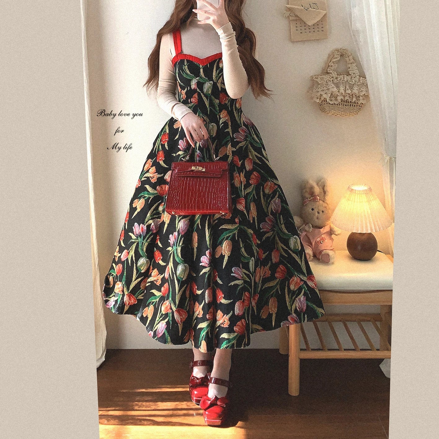 Last-Stock GDRX Vintage Hepburn-Style Oil Painting-Inspired Jacquard Elegant Sheen Satin Shoulder-Strap Slip Dress