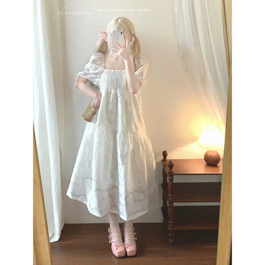 Final stock: YC 3D Rose Jacquard Elasticated Pleated Square Neck Cute Puff Sleeve Dress