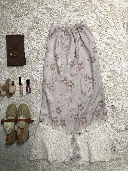 Coconut Girl Lace Panel Midi Skirt Handmade Half-Pleated Vintage Style for Summer
