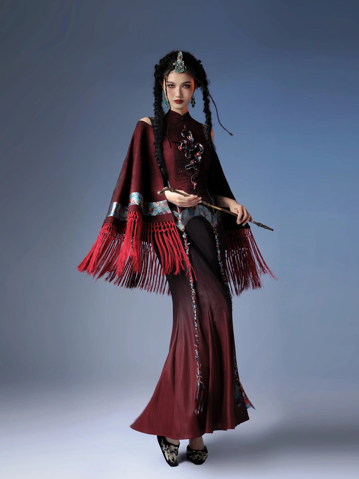 Tassel Cape Rope Embroidered Cheongsam Dress