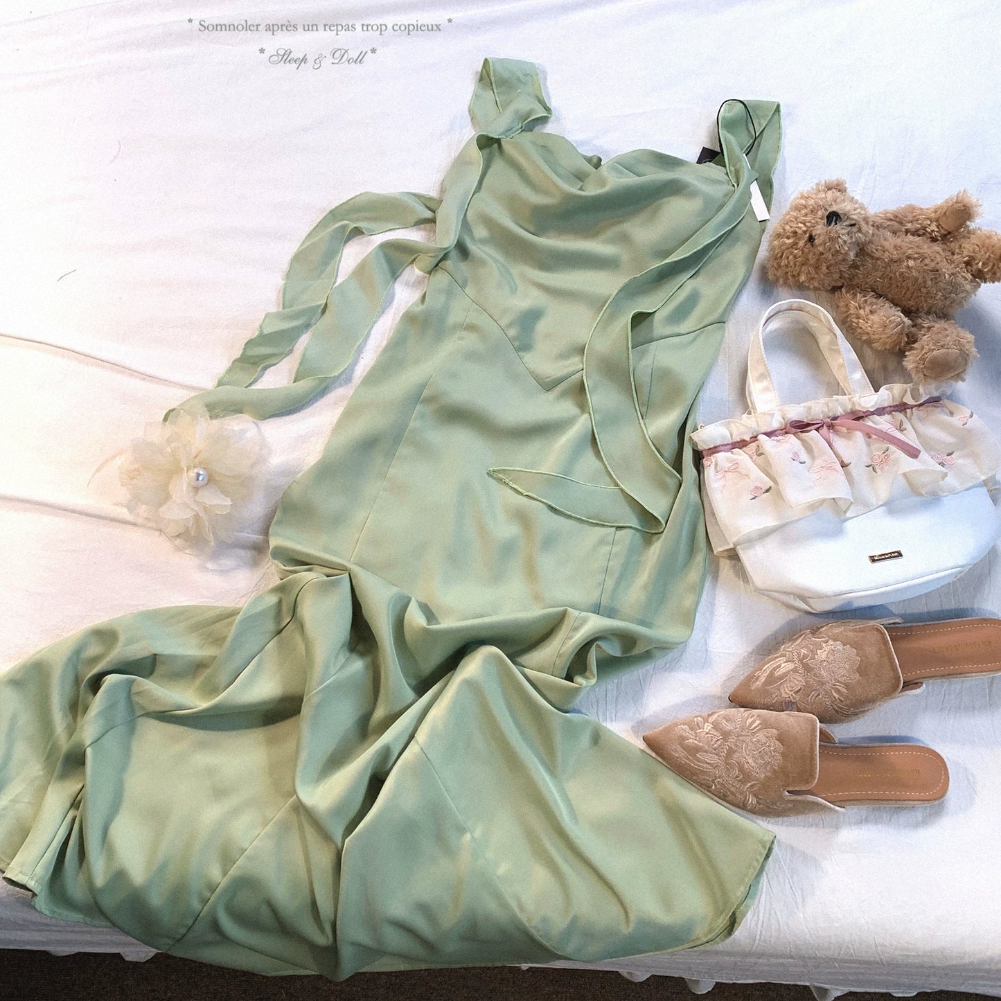 Last-Stock Ssz Green Satin French Romantic Vintage Sweetheart Neck Draped Tie Fitted Mermaid Elegant Slip Dress 绿色（不露背）