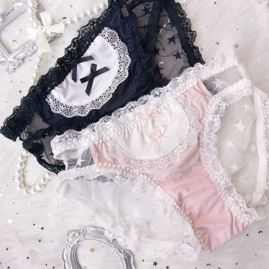 Japanese Lolita School Uniform Maid Ice Silk Panties (Dark Low-Rise) with Bow, Lace Lolita-Style Triangle Panties
