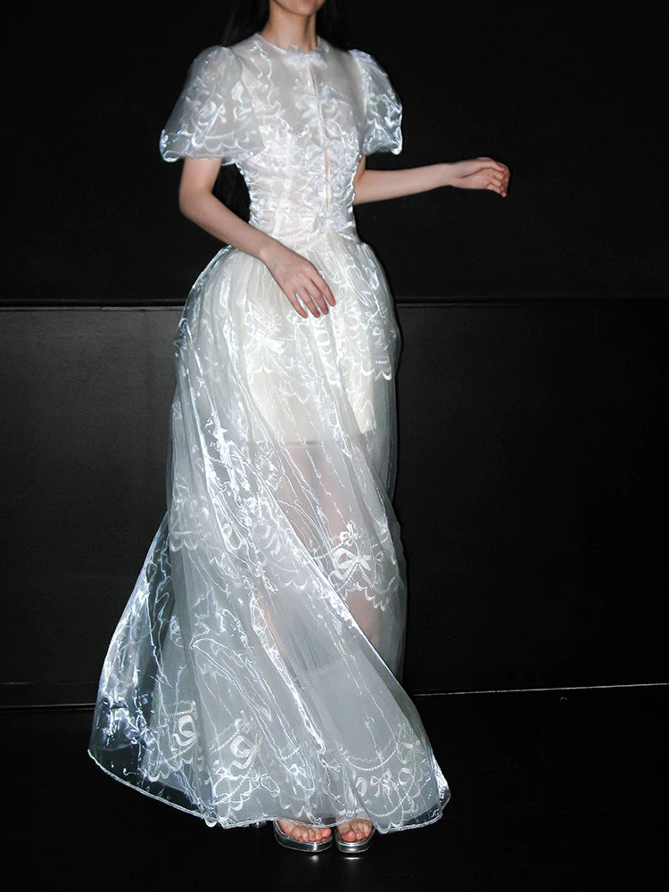 Elegant Bridal Reception Dress for Women, French-Inspired White Lace with Puff Sleeves and Round Neck