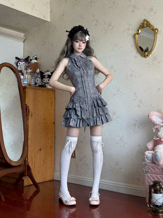 retro gray halter-neck dress