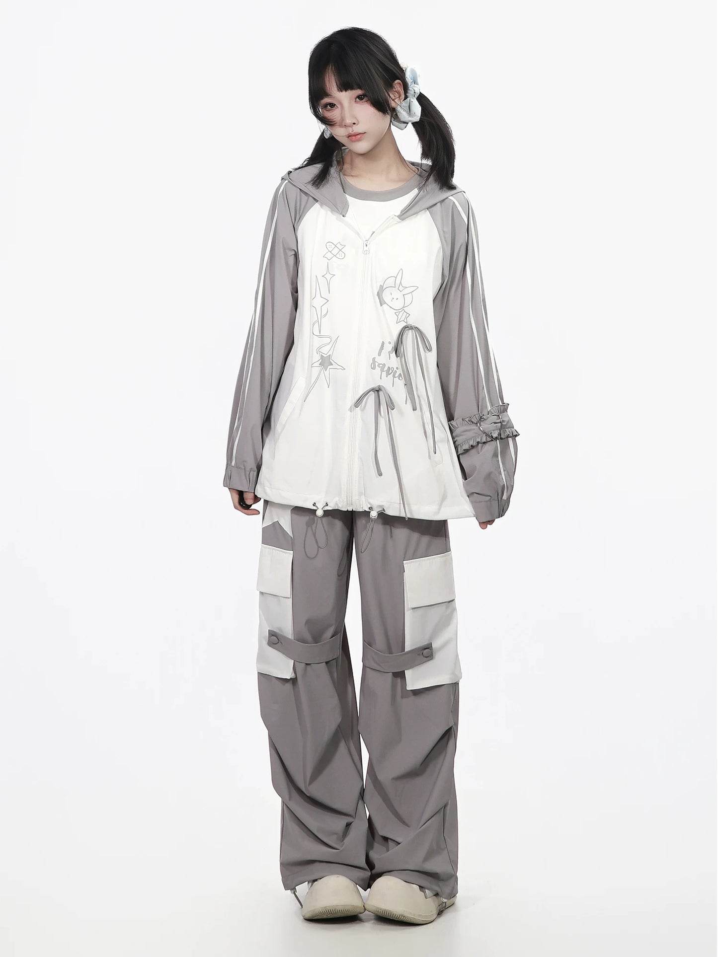 Pinksavior【Cool Glacier】White-and-Gray Contrast Summer Lightweight Jacket & Pants Set with Short Sleeves—Age-Reducing