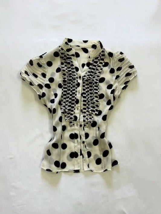 White Polka Dot Slimming V-Neck Short-Sleeve Shirt for Women, Summer Workwear, Unique & Versatile, Elegant Top