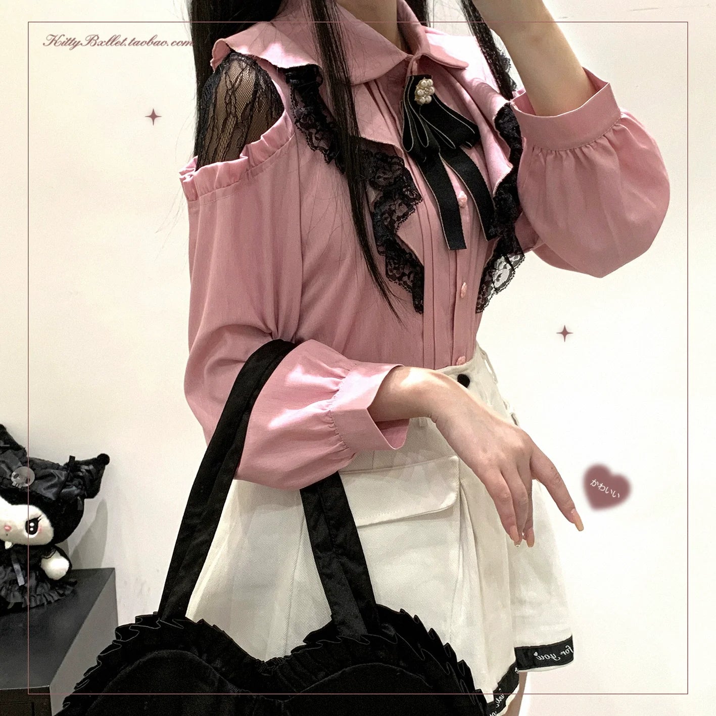 (BFM)KittyBxllet~Kuroneko~Jirai Kei Shoulder Open Ruffle Lace Long Sleeve Blouse