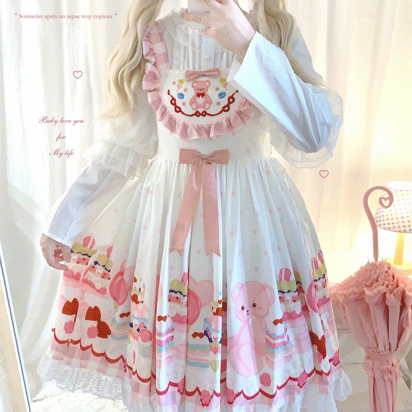 Last-chance HGL Vintage Checkered Puff-Sleeve Embroidered Drool Bib Sweet Dessert Bear Polka-Dot Cami Dress