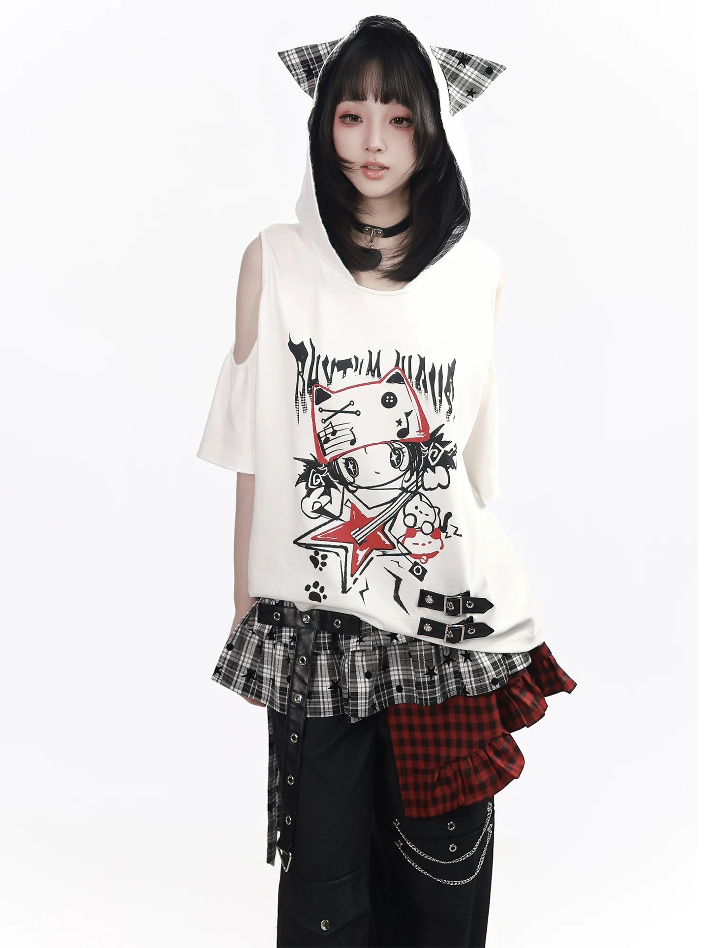 Pinksavior “Cat Plastic Band” Summer Short-Sleeve Patchwork Color-Block Playful Contrast Casual Slimming Top & Long Pants Set