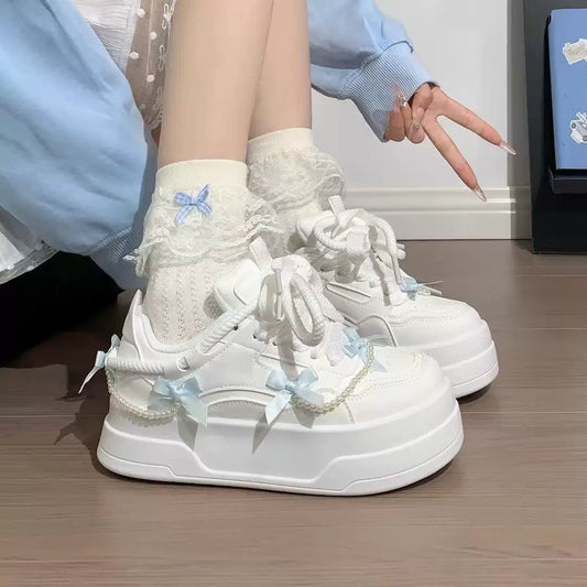 Chunky Sole Small-Crowd Bow Tie White Sneakers for Women 2025 New Fall & Winter—Versatile Student Shoes Trendy Platform Skate Sneakers for Height Boost