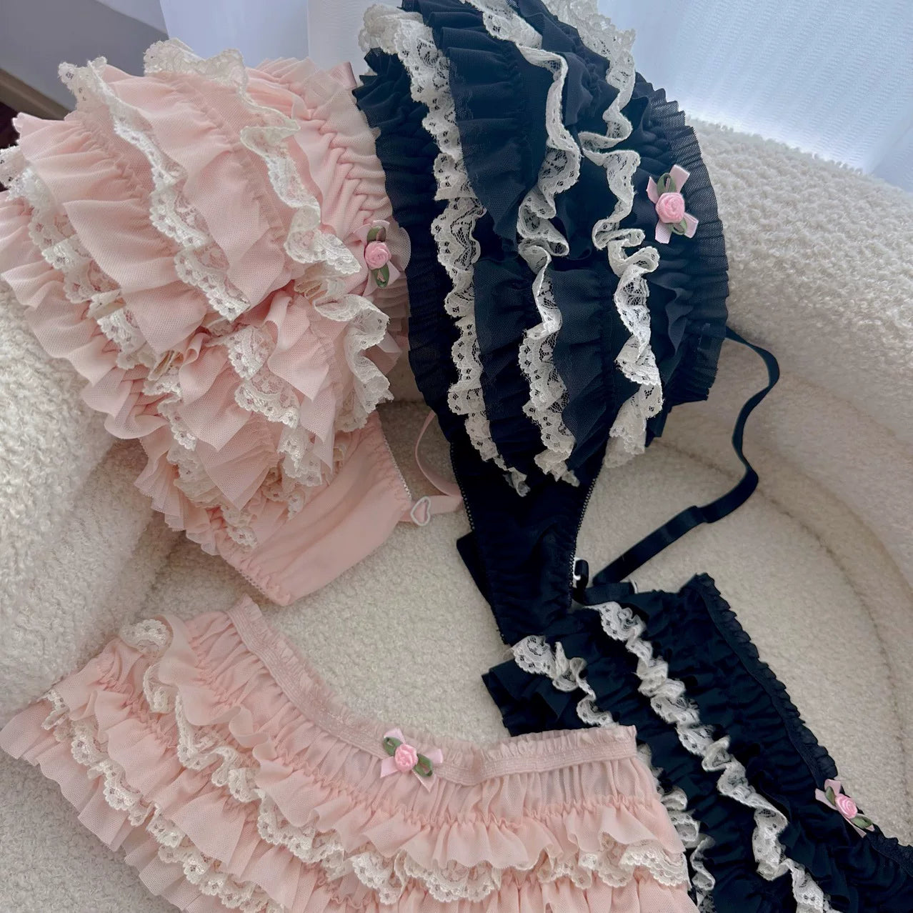 2026 New Japanese-Style Cute Soft Mini Cake Bra & Panty Set with Bow, Lightweight Layered Lace Underwear Skirt