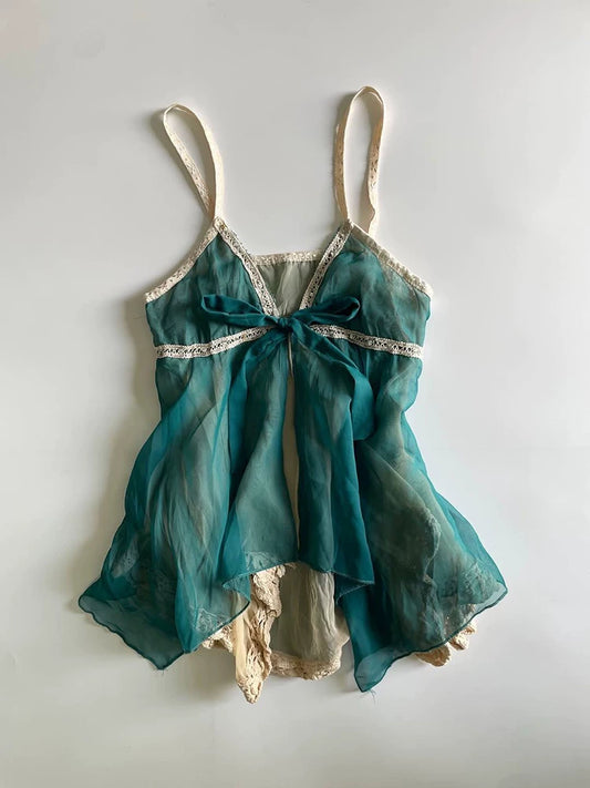 Green Color-Block Bow Tie Cami Top for Women, Summer, Boutique Young Girl Style, Sweet and Flattering