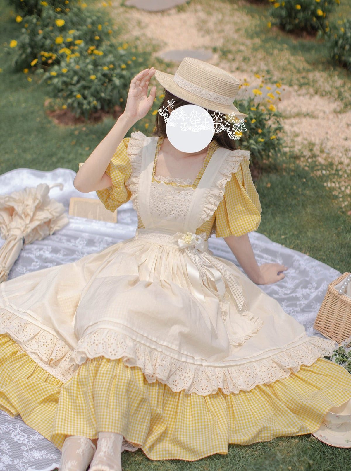 【Pre-order item】Retro Girly Yellow Dress + Apron + Ribbon