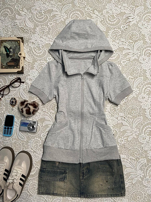 Original Grey Short-Sleeve Hooded Sweatshirt Jacket for Women, Early Spring Vintage Retro Style Top