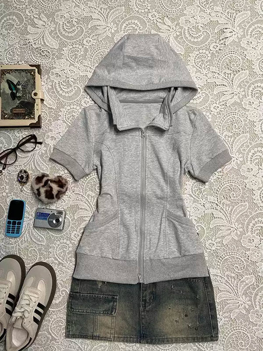 gray short-sleeved hoodie sweatshirt jacket