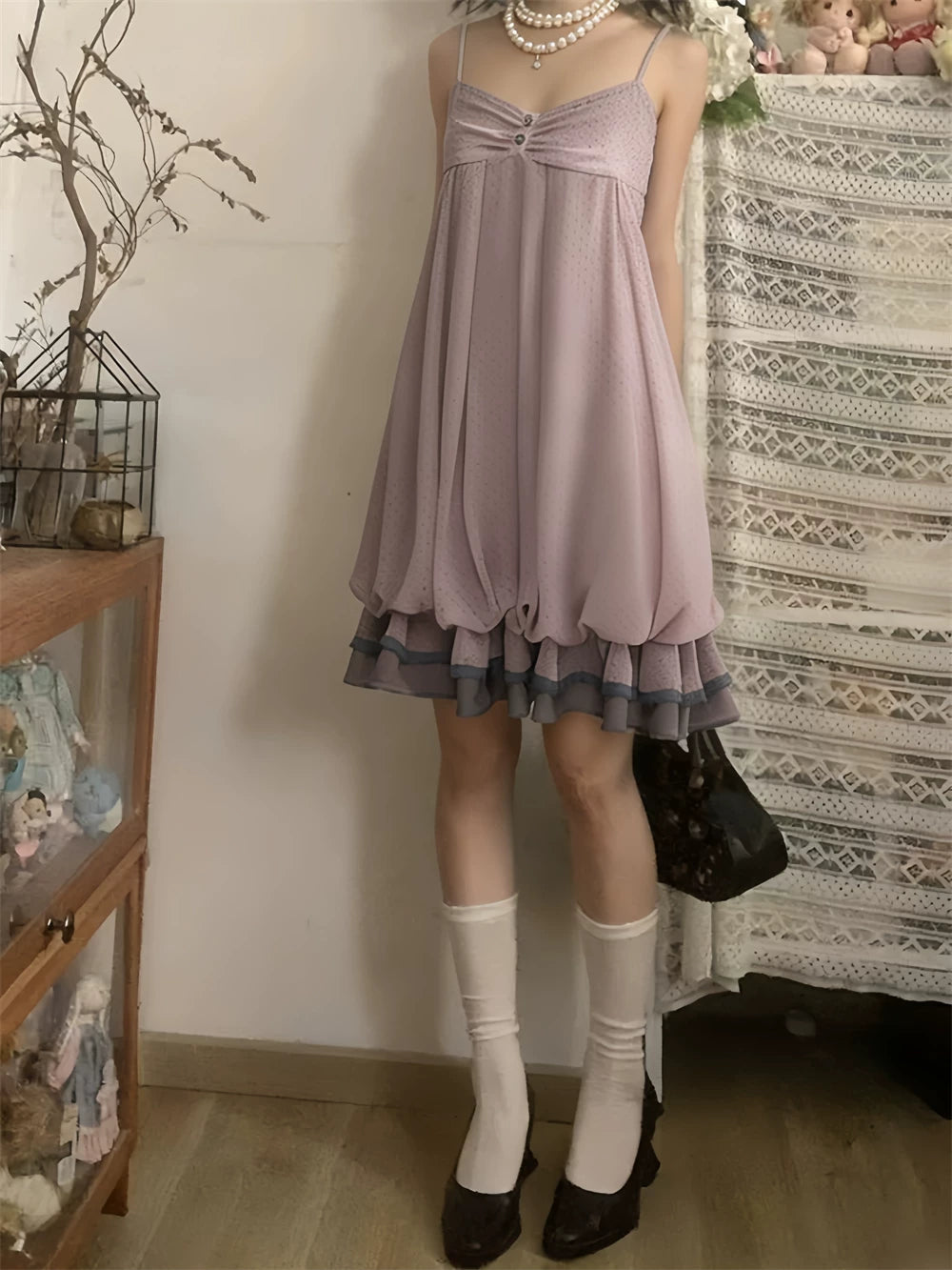 Petite Retro Japanese-Style Vintage Spaghetti-Strap Dress + Elegant, Youthful, Slimming Long-Sleeve Cardigan Set