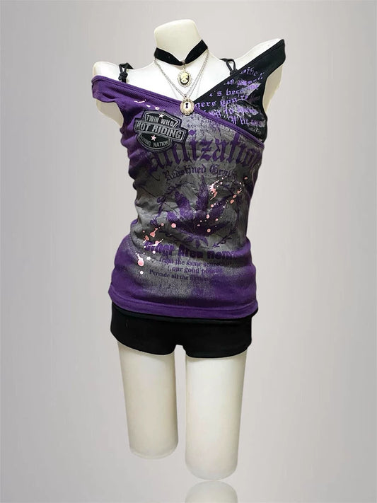 Purple Vintage Print “Chili Girl” Style Cinched Waist Slimming Cami Tank Top for Women Summer Boutique Fashion