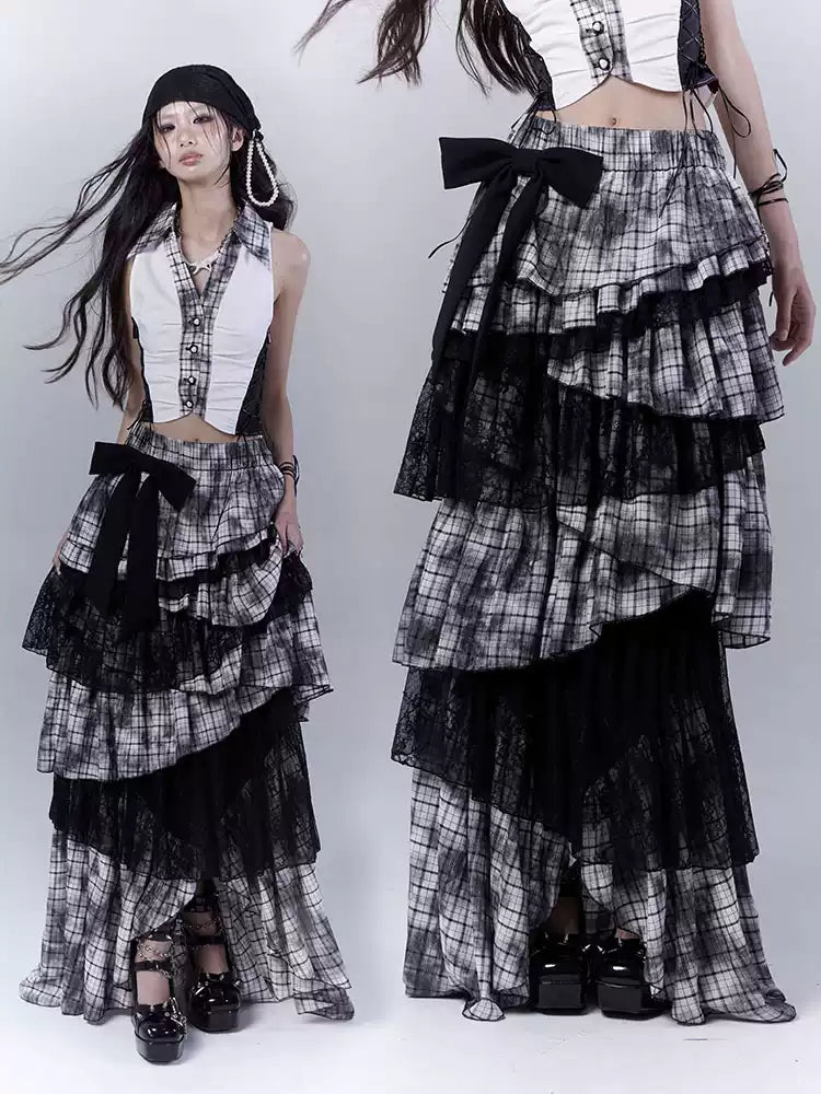dark coquette lace splicing plaid cake multi-layer irregular long skirt