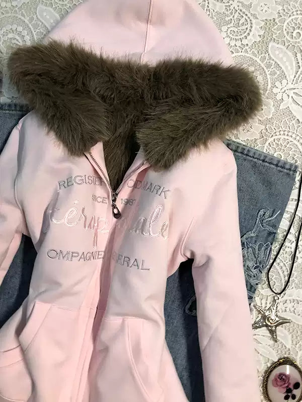 pink velvet hooded sweatshirt jacket