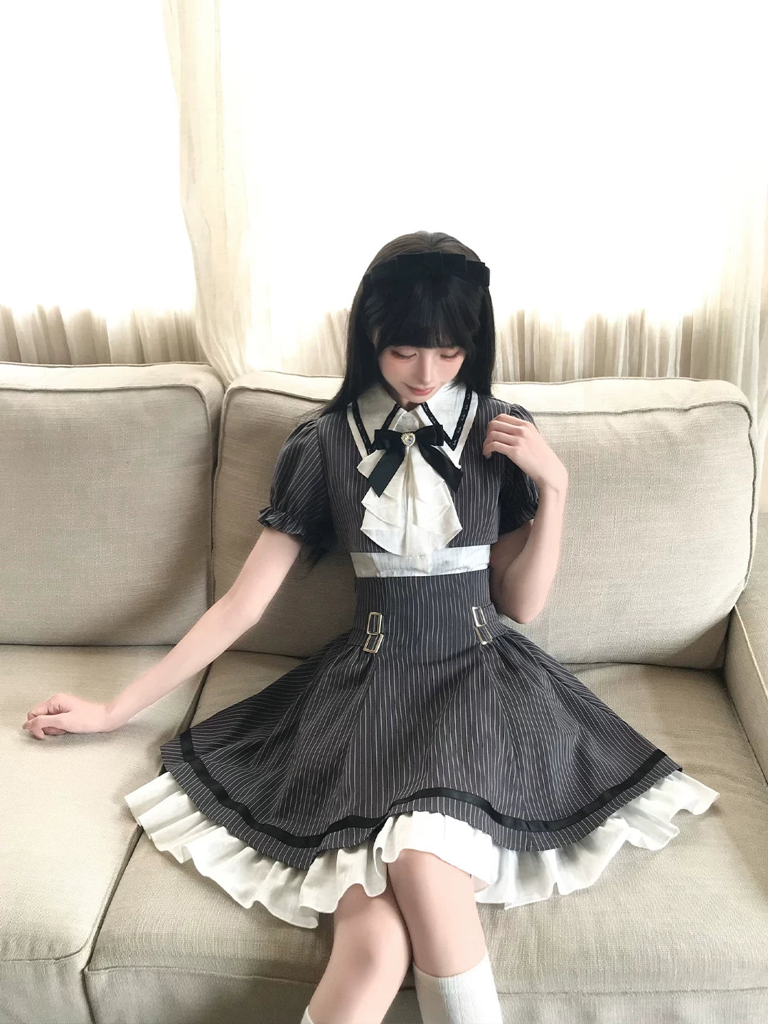 LaLa Sauce Striped “Top Student” Collegiate Sweet-Cool Striped Two-Piece-Look Dress Bubble Sleeves Waist-Defining Slimming Outfit