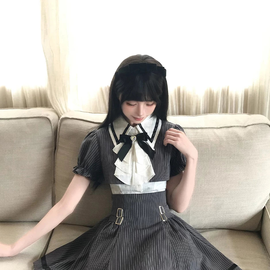 LaLa Sauce Striped “Top Student” Collegiate Sweet-Cool Striped Two-Piece-Look Dress Bubble Sleeves Waist-Defining Slimming Outfit