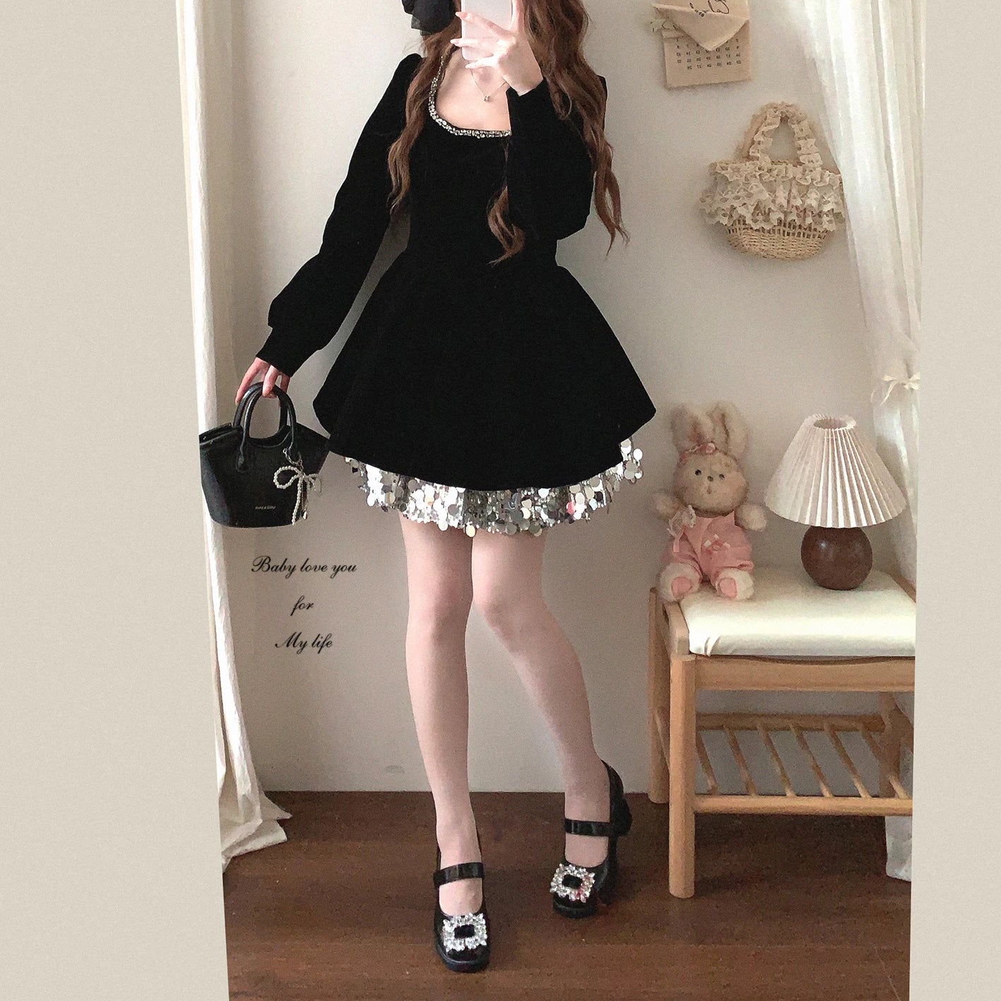 Final Stock SBSS “Old-Money” Vintage Square-Neck Glitter Sequin Tiered Skirt Gown with Hot-Fix Rhinestones Elegant Velvet Dress