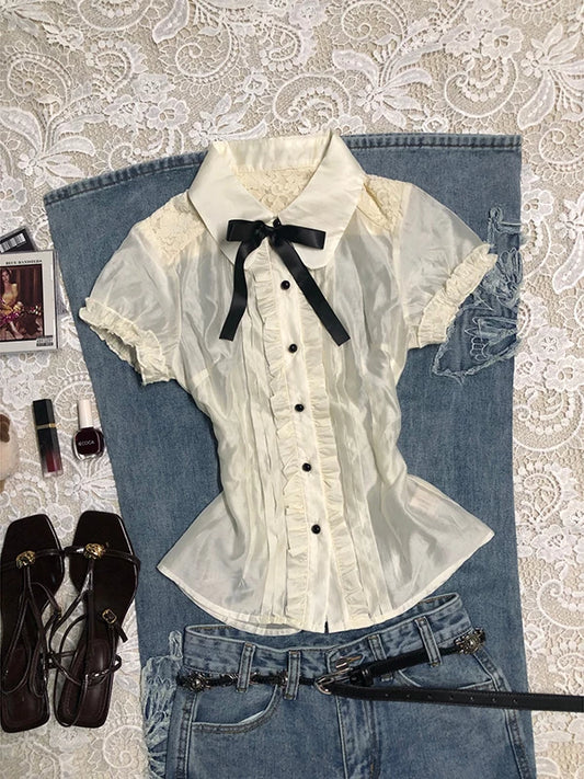 Lace Panel Doll Collar Shirt for Women Summer Vintage Style Standout Elegant Top