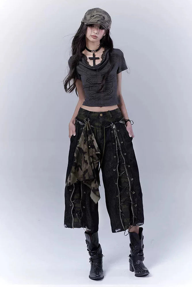 Camouflage Distressed Cropped Pants + Scarf