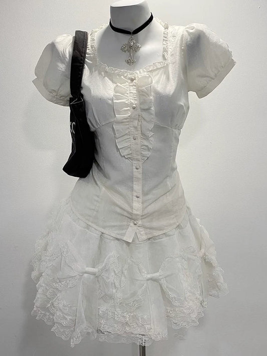 Vintage-Inspired Waist-Cinching Slimming White Ruffled Shirt for Women