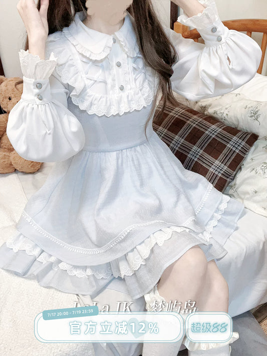 LaLa Sauce Mengyu Island Original Design Water-Colored Dress Fitted Waist Flattering Long-Sleeve Two-Piece Dress Sweet Mini Dress