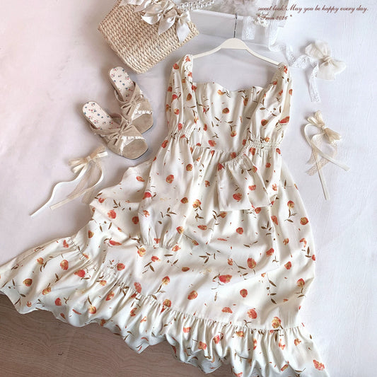 Last-chance Stock dod* Cottagecore Floral Vintage Square Neck Ruffled Cuff Pleated Dress