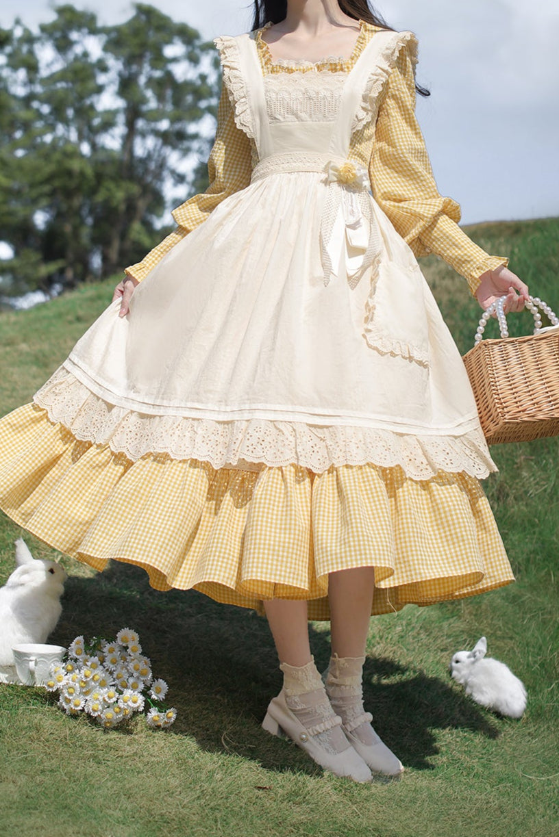 【Pre-order item】Retro Girly Yellow Dress + Apron + Ribbon
