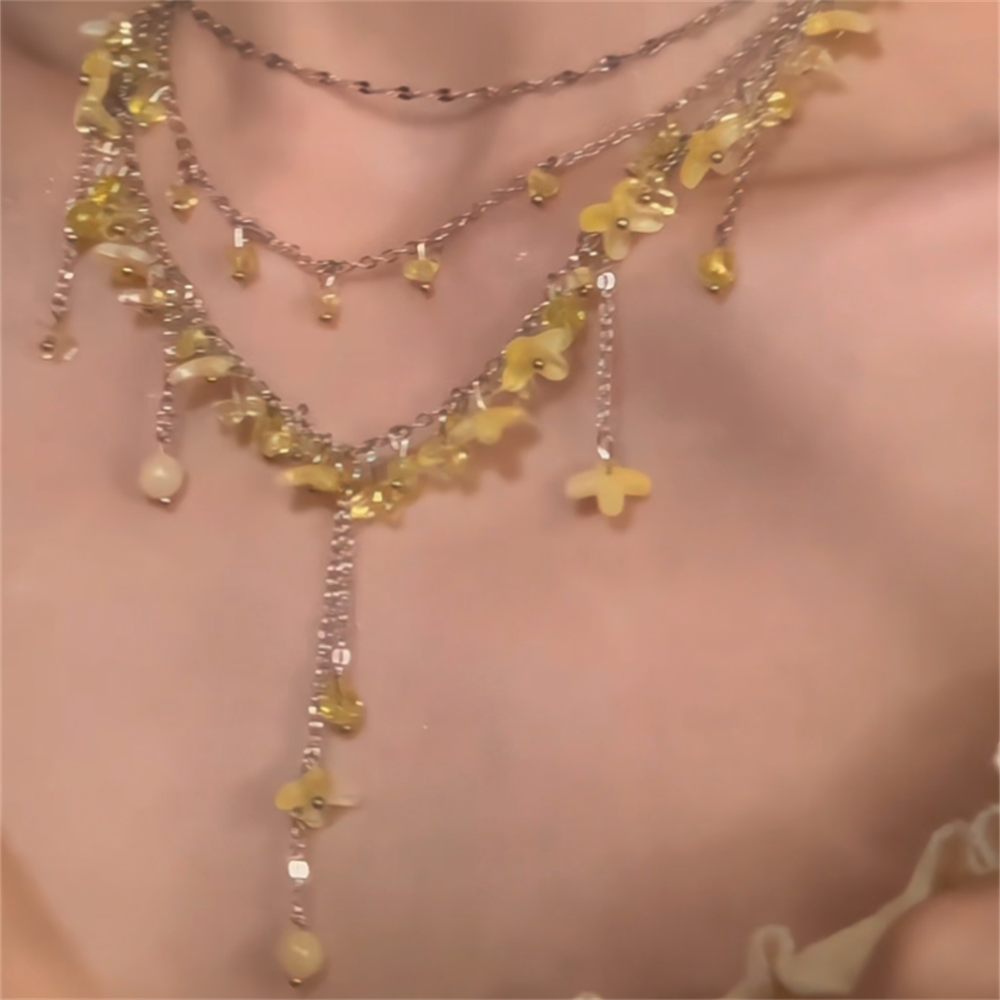 zoozmomo Yellow Crystal Flower Beaded Tassel Necklace for Women, Elegant Choker Collarbone Necklace