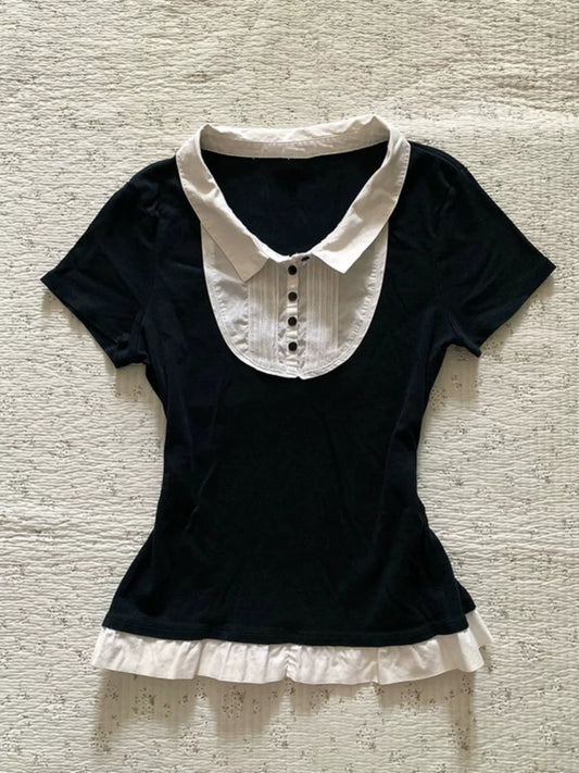 Basmati Coconut Maiden Original Two-Piece Look Short-Sleeve T-Shirt for Women Summer Vintage Thrift Style Black Doll Collar Top