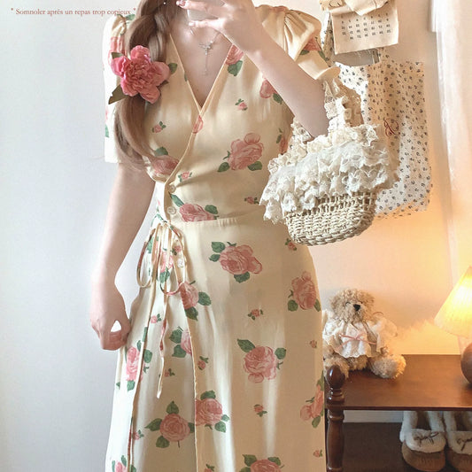 Last-Stock YX Vintage Elegant Slant-Front Tie-Waist Rose Print Tea Party Dress