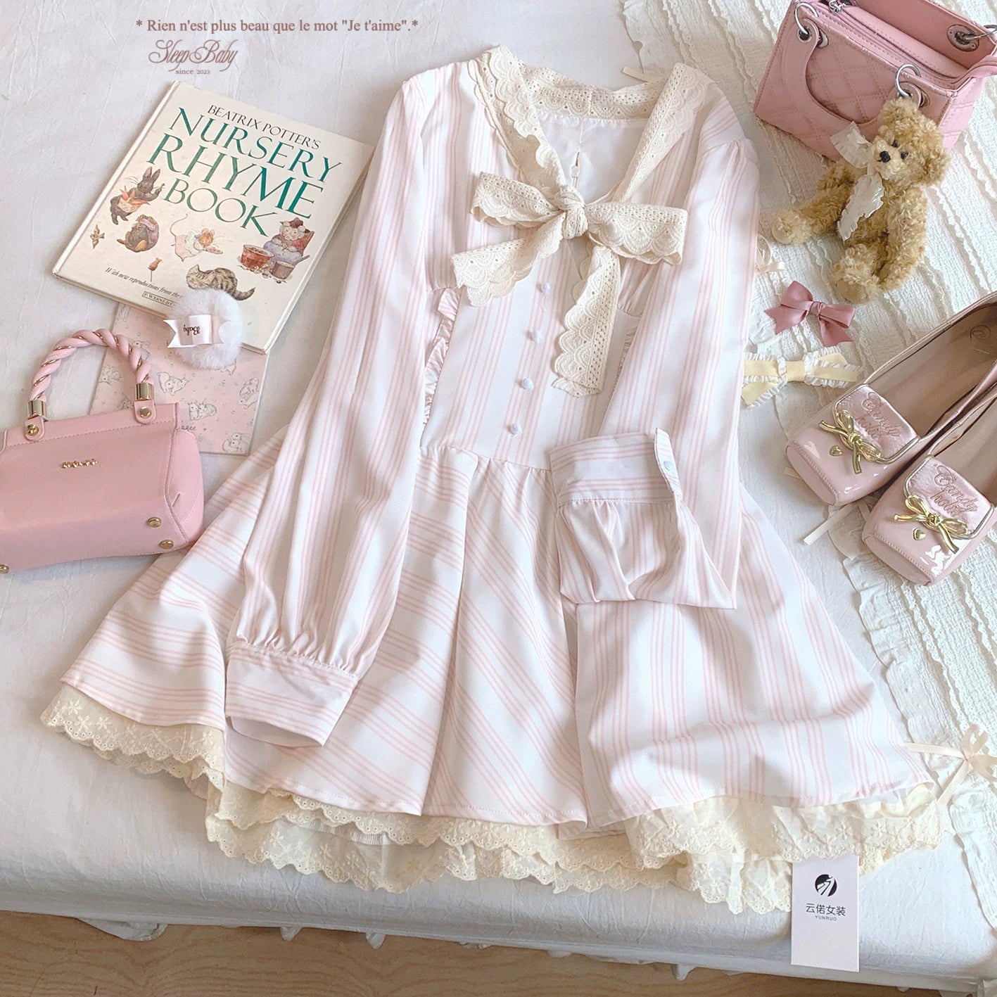 Final-stock Pure-Desire Style Sweet Vintage Lace Tie Bow Striped Patchwork Ruffle-Trim Dress