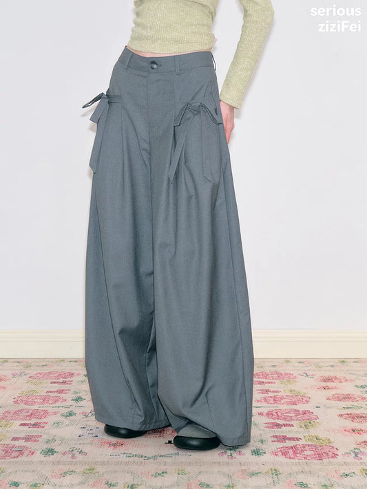 Bow Detail Wide Leg Pants | High Waisted Draped Trousers for Women