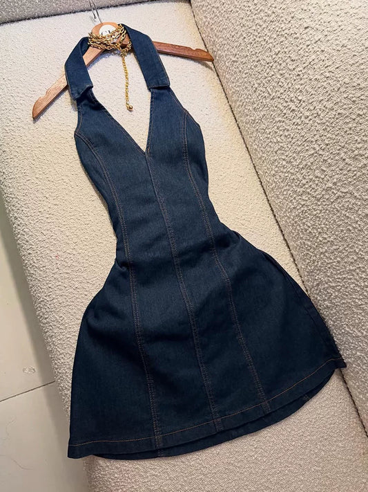 Vintage French V-Neck Fitted Flattering Denim Slip Dress for Women, Summer Fashion New