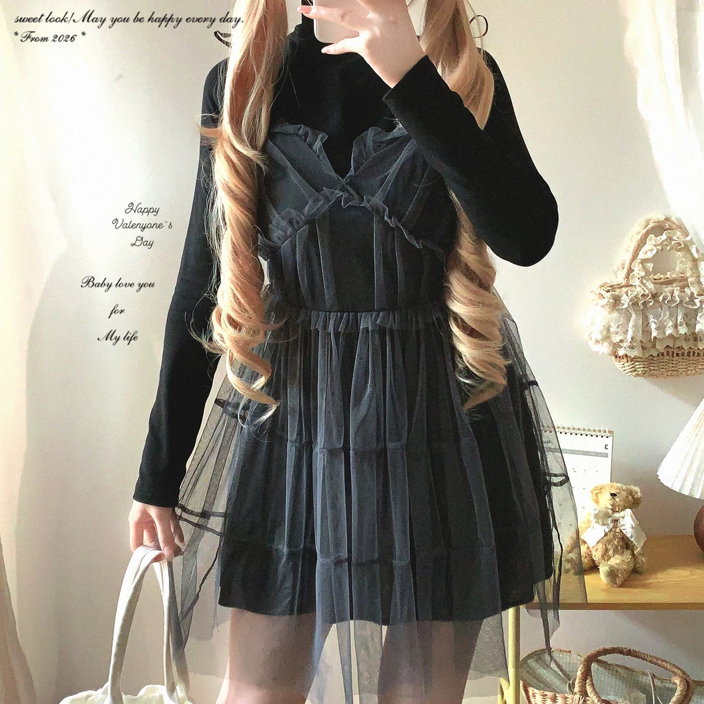 Japanese-Style Design, Lightweight Mesh Panelled Dress with Ribbon Tie Sweet “Pure” Camisole