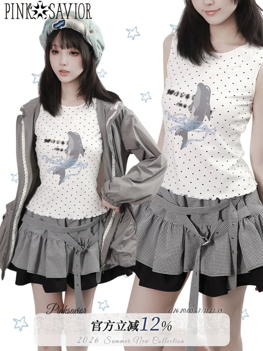【Dolphin Radio】 Summer Sleeveless Vest, Soft Cotton Plaid Skirt as Sun-Protective Shirt