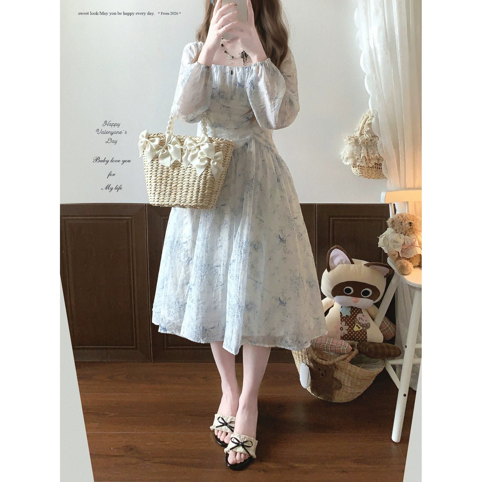 Last-Stock Sale dod* French Tea-Party Dress Elegant Pleated Square Neck Watercolor Hand-Painted Print Midi Dress