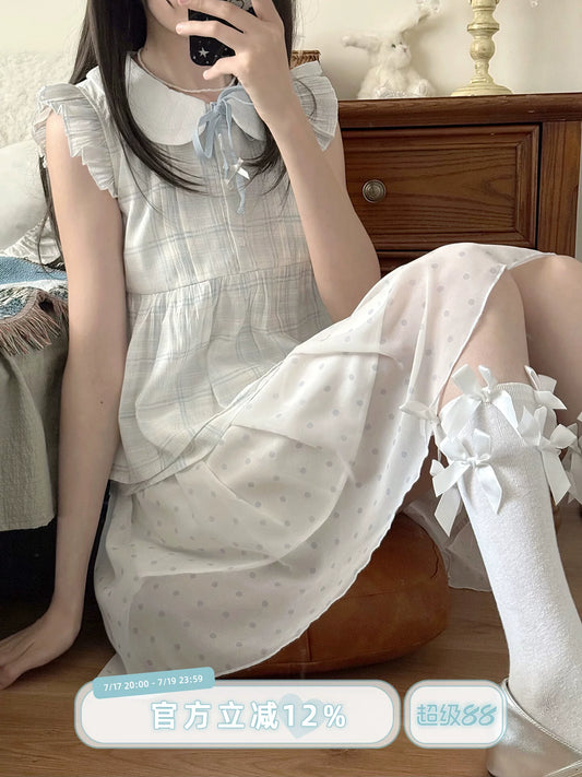LaLa Sauce Island Diary Japanese Doll Collared Sweet Plaid Short-Sleeve Top & Polka-Dot Midi Skirt Clear-Color Matching Set