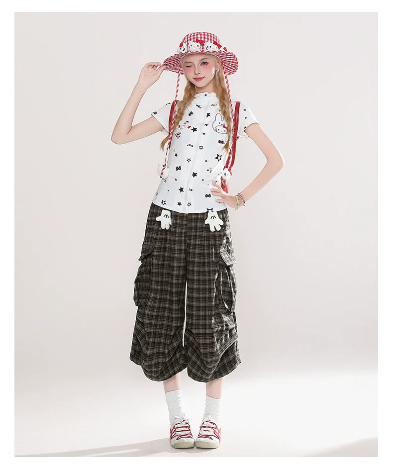Plaid Culottes with White Bear Patch Detail