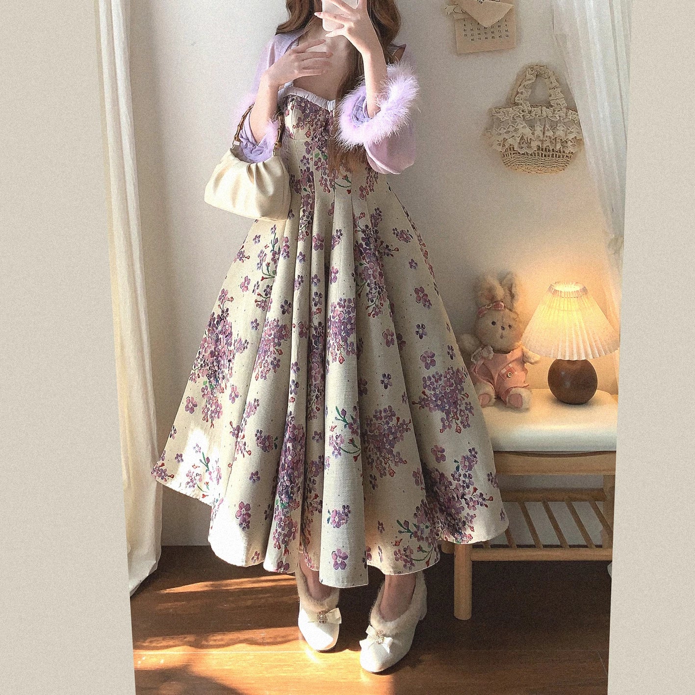 Last-Stock GDRX Vintage Hepburn-Style Oil Painting-Inspired Jacquard Elegant Sheen Satin Shoulder-Strap Slip Dress