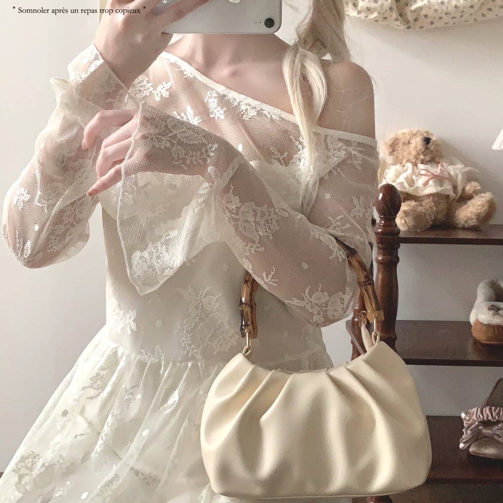 Last-Season xcll Romantic Korean-Inspired Elegant Jacquard Lace Tulle Off-Shoulder Bell-Sleeve Dress
