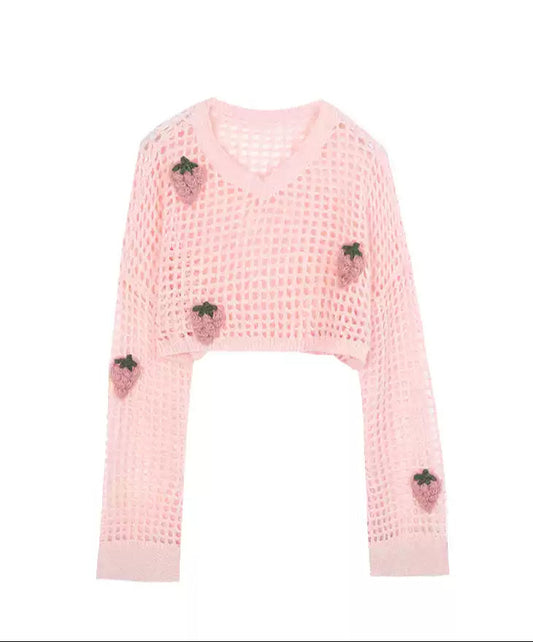 Knitted Hollow Strawberry Long-sleeved Top