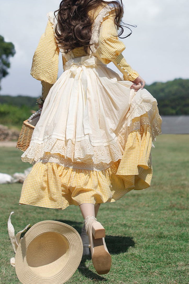 【Pre-order item】Retro Girly Yellow Dress + Apron + Ribbon