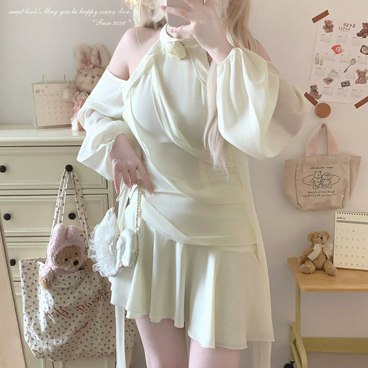 Last-Chance Nioni* Gentle-Chic Off-Shoulder Rose Ribbon Slip Dress with Draping Chiffon