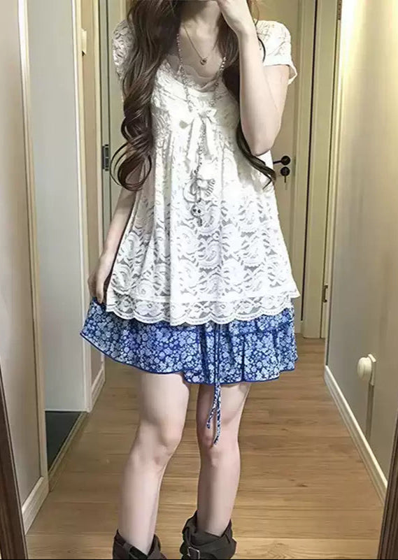 Blue Floral Lace Bow Top