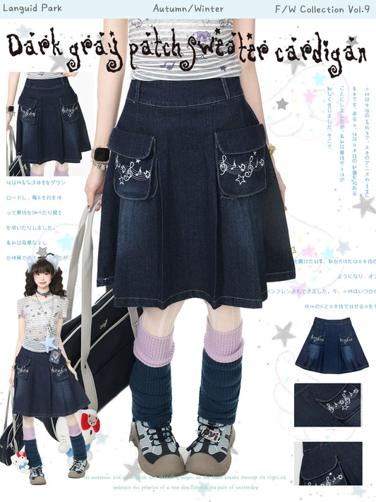 Blue Ghost Park Languid Park Embroidered Pocket Pleated Denim Midi Skirt for Women, Summer New Style